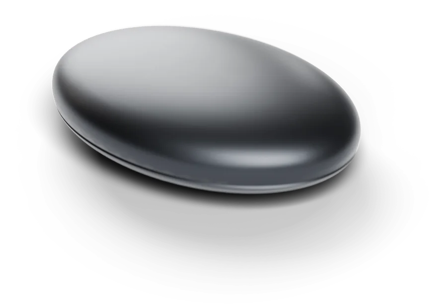 Render of the feeltime pebble: a smooth graphite oval, about 34 by 24 mm.